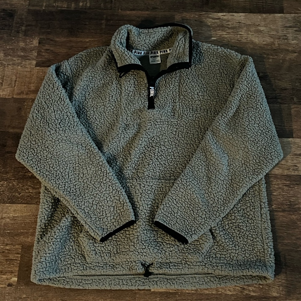 PINK Brand Greenish-Gray Fuzzy Sherpa 1/4 Zip Jacket Size Large
